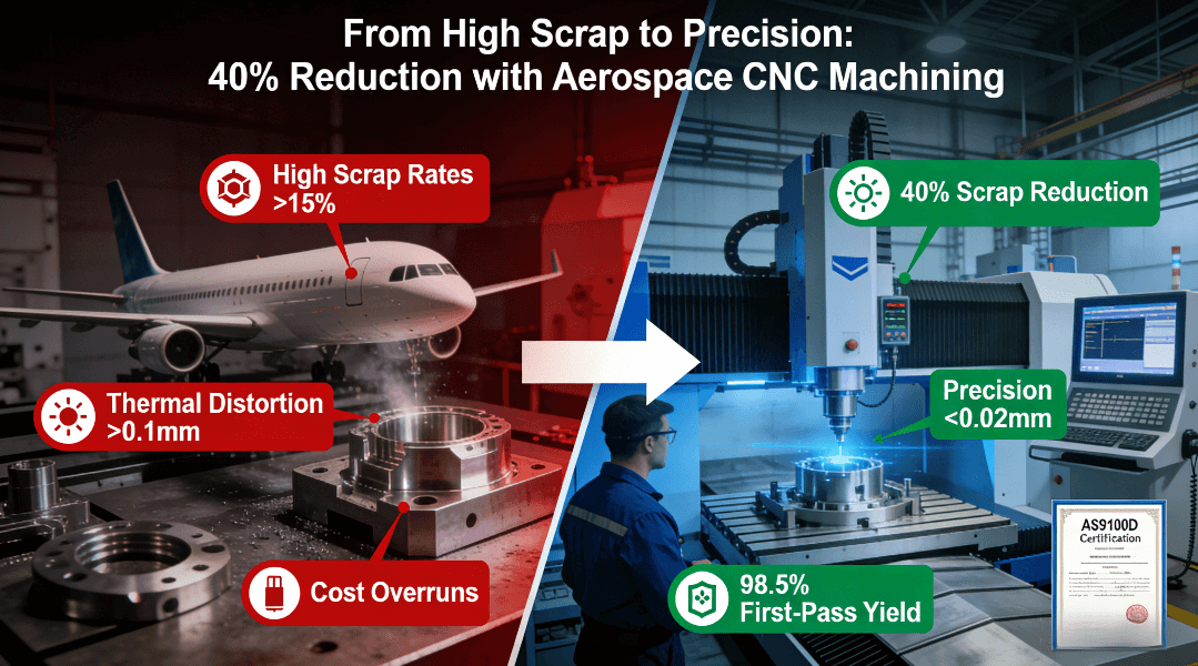 omparison diagram showing traditional aerospace manufacturing problems (high scrap rates, thermal distortion) versus precision CNC solutions (40% scrap reduction, 98.5% first-pass yield) in an industrial setting.