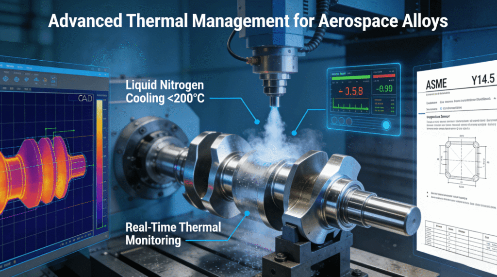 Technical diagram depicting liquid nitrogen cooling and real-time temperature control for titanium alloy parts in aerospace CNC machining, ensuring precision within 0.02mm.