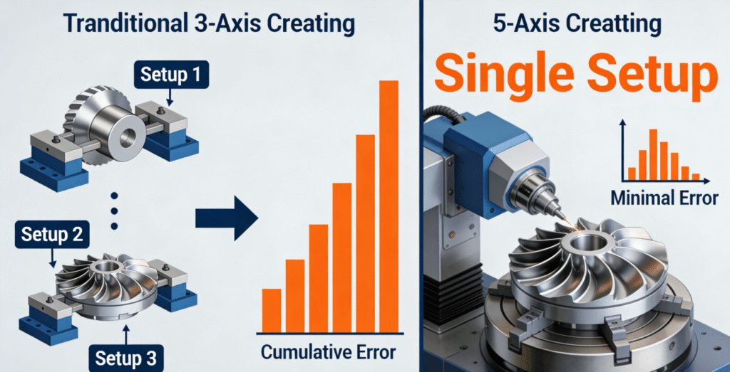 Infographic comparing the multiple setups of traditional 3-axis CNC machining with the single setup efficiency of 5-axis CNC for complex parts.