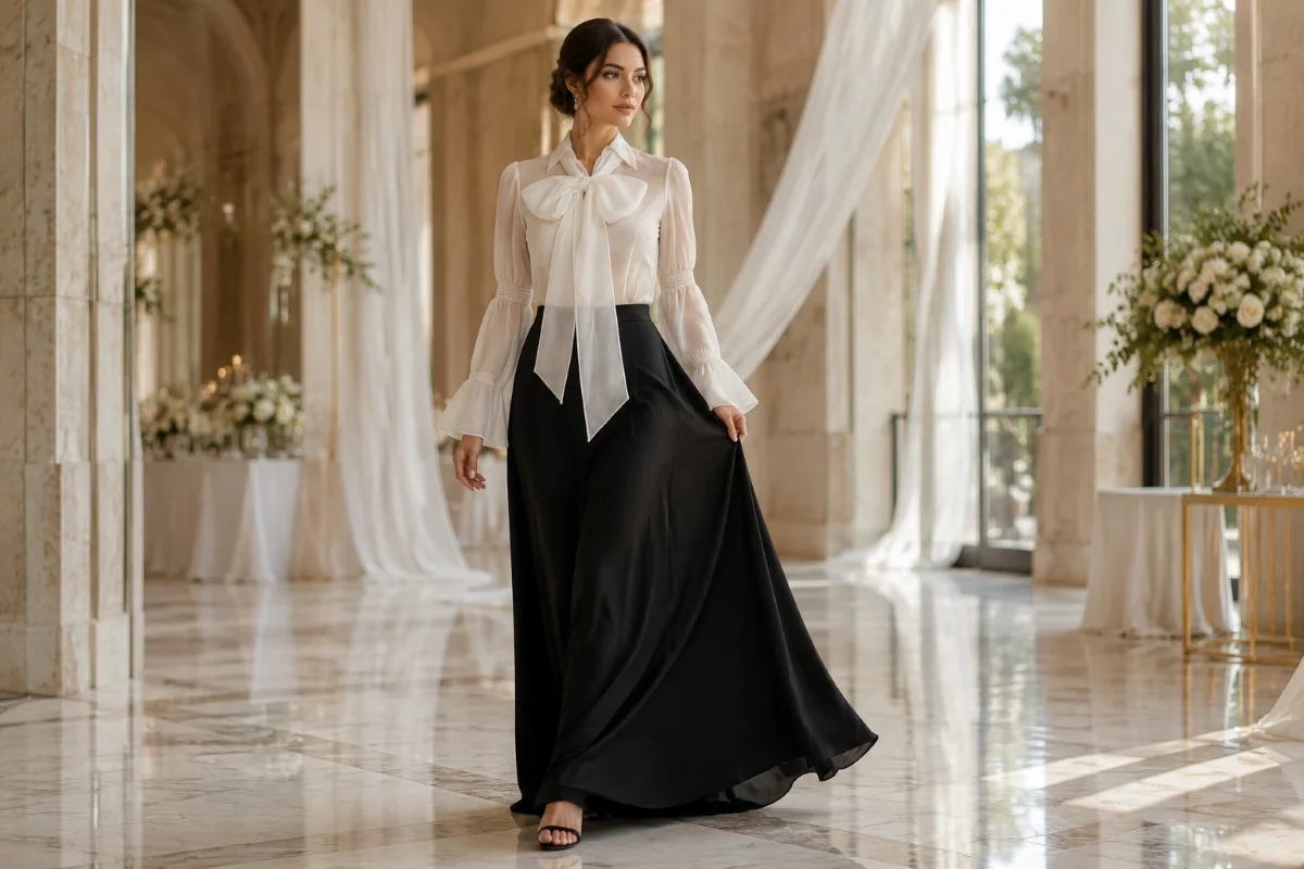 Woman in a wedding guest outfit with a midi dress and heels