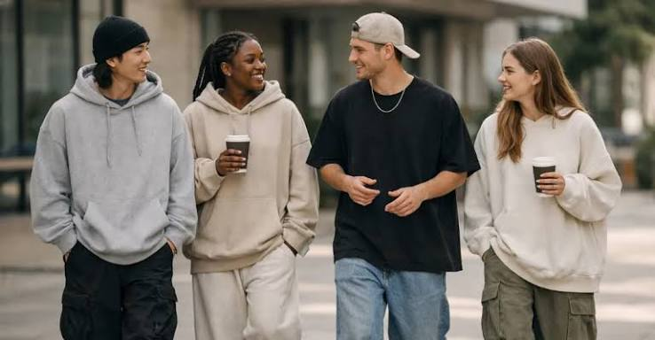 Man wearing an oversized streetwear outfit with a hoodie and sweatpants