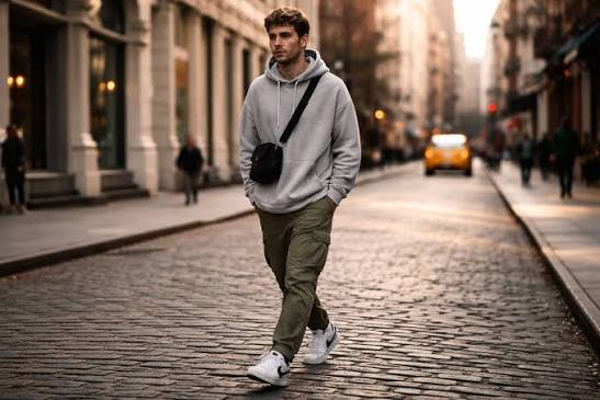 Man learning how to wear a streetwear sweatshirt with cargo joggers in 2026